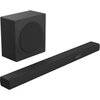 Czarny soundbar i subwoofer, oba o prostokątnych kształtach, z wyświetlaczem na soundbarze pokazującym "VOL 23". Na soundbarze widoczne są również niewielkie przyciski.