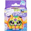 Opakowanie zabawki z serii "Furby Furblets" z napisem "BOO-KIN" przedstawia kolorową postać z dużymi oczami i motywami halloweenowymi, takimi jak nietoperze i pajęczyna. Na opakowaniu widnieje tekst "45+ &" oraz logo "Hasbro".