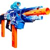 Na obrazie znajduje się kolorowa wyrzutnia z motywem galaktycznym, z widocznym logo "NERF" oraz stylizowanym symbolem przypominającym skrzydła. Wyrzutnia ma intensywne niebieskie i pomarańczowe elementy, a na jej powierzchni widoczne są detale przypominaj