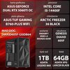 Na zdjęciu znajduje się komputer z widocznymi specyfikacjami: karta graficzna ASUS GeForce Dual RTX 5060Ti OC, procesor Intel Core i5-14400F, płyta główna ASUS TUF Gaming B760-Plus WiFi, chłodzenie Arctic Freezer 36 Black, zasilanie Endorfy Vero L5 Bronze