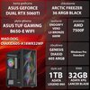 Na zdjęciu znajduje się komputer z obudową Genesis Diaxid 605 ARGB, z kartą graficzną ASUS GeForce Dual RTX 5060Ti, płytą główną ASUS TUF Gaming B650-E WiFi, procesorem AMD 7500F, chłodzeniem Arctic Freezer 36 ARGB Black, zasilaczem Endorfy Vero L5 Bronze