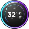 Na zdjęciu widoczny jest okrągły wyświetlacz z kolorowym podświetleniem, na którym znajdują się informacje: "NZXT", "32° GPU", "34° CPU", "29° Liquid". Wyświetlacz ma gradientowe podświetlenie w odcieniach niebieskiego i fioletowego.