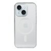 Przezroczysto-matowe etui na telefon z widocznym logo Apple i okręgiem MagSafe, zaprojektowane dla modelu iPhone 15. Etui ma wycięcia na dwa aparaty fotograficzne.