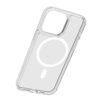 Przezroczysto-matowe etui na telefon z wyraźnym okręgiem MagSafe, przeznaczone do Apple iPhone 15. Produkt ma wycięcie na aparat i przyciski boczne.