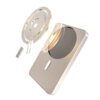 Na zdjęciu znajduje się złoty powerbank o prostokątnym kształcie z zaokrąglonymi krawędziami, obok którego widoczny jest okrągły element technologiczny unoszący się nad jego powierzchnią. Powerbank ma duży, ciemny okrąg na jednej stronie oraz mały, prostokątny element w dolnej części.