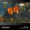 Na obrazie widoczna jest scena z gry w stylu retro, przedstawiająca postać z bronią oraz spadochroniarzy w tle, z wybuchami ognia. Na dole znajduje się napis "NEOGEO" oraz "METAL SLUG 1996 / ACTION / NEOGEO".