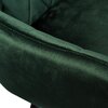 Ciemnozielony materiał welurowy krzesła z widocznymi przeszyciami na krawędzi. Tkanina ma delikatny połysk, co nadaje jej elegancki wygląd.