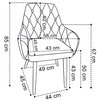 Ilustracja przedstawia schemat krzesła z wymiarami: wysokość całkowita 85 cm, wysokość siedziska 45 cm, szerokość siedziska 49 cm, głębokość siedziska 43 cm, wysokość oparcia 40 cm, szerokość oparcia 58 cm, wysokość podłokietników 67 cm, wysokość od siedz