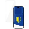 Przezroczyste szkło hartowane jest umieszczone obok smartfona z niebieskim ekranem, na którym widnieje żółto-niebieska tarcza. Produkt to "Szkło hartowane 3MK HardGlass do Apple iPhone Air".