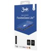 Opakowanie produktu "3MK Protection FlexibleGlass Lite" przedstawia grafikę telefonu z nałożonym szkłem ochronnym oraz napisy: "basic protection", "Your screen 200% stronger", "FIT-IN™ technology". Na dole widoczne są logotypy certyfikatów i nagród, w tym