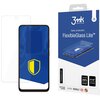 Opakowanie produktu "3mk Protection FlexibleGlass Lite" z grafiką przedstawiającą telefon z nałożonym szkłem ochronnym oraz widocznymi certyfikatami i oznaczeniami "PZH", "ROHS", "Polski Produkt". Obok opakowania znajduje się telefon z nałożonym szkłem hy