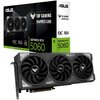 Pudełko karty graficznej z napisem "ASUS TUF Gaming Graphics Card" oraz "GeForce RTX 5060" znajduje się obok samej karty graficznej z trzema wentylatorami. Na pudełku widoczne są również napisy "OC Edition", "8GB GDDR7 Memory", "DLSS 4", "Ray Tracing", "R