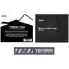 Na zdjęciu widoczne są trzy elementy związane z kartą graficzną ASUS. Pierwszy to czarna karta z napisem "THANK YOU for Purchasing an ASUS Graphics Card" oraz instrukcją pobierania sterowników, drugi to czarna książeczka z napisem "Quick Start Guide GRAPH