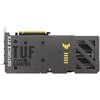 Karta graficzna z widocznym napisem "GEFORCE RTX" oraz "TUF GAMING" na metalowej obudowie. Po prawej stronie znajduje się żółte logo w kształcie tarczy oraz pionowy wzór złożony z pięciu żółtych prostokątów.