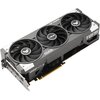 Karta graficzna z trzema dużymi wentylatorami, na których widoczne są logotypy "ASUS" i "TUF". Na obudowie karty znajdują się napisy "TUF GAMING" oraz "GEFORCE RTX".