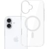 Przezroczyste etui z okrągłym wzorem na środku, przeznaczone do telefonu z dwoma aparatami i logo w kształcie nadgryzionego jabłka. Produkt to "Etui 3MK EverClear MagCase do Apple iPhone 17 Przezroczysty".