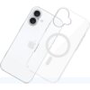 Przezroczyste etui z okrągłym wzorem na środku, obok białego smartfona z dwoma aparatami i logo w kształcie jabłka. Produkt to "Etui 3MK EverClear MagCase do Apple iPhone 17 Przezroczysty".