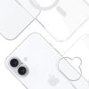 Przezroczyste etui na telefon z widocznymi wycięciami na aparat i logo w kształcie jabłka. Produkt to "Etui 3MK EverClear MagCase do Apple iPhone 17 Przezroczysty".