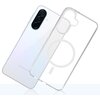 Przezroczyste etui na telefon z widocznym okrągłym wzorem i wycięciami na aparat oraz przyciski. Na ekranie telefonu widoczny jest napis: "DEDICATED TO: Samsung Galaxy A36" oraz logo "3mk".
