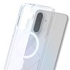 Przezroczyste etui na telefon z widocznym okrągłym wzorem i wycięciem na aparat z trzema obiektywami. W tle widać rozpryskujące się odłamki, co sugeruje wytrzymałość produktu.