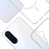 Na zdjęciu widoczne jest przezroczyste etui na telefon z okrągłym wzorem oraz opakowanie z logo "3mk" i żółtą naklejką z napisem "Military Grade Drop Test MIL-STD-810H". Na opakowaniu znajduje się tekst: "Armor MagCase™", "Premium back protection", "MagSa