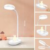 Biała lampa biurkowa o nazwie "FOREVER LIGHT Pure FLB-30 Astrid" z elastycznym ramieniem i okrągłym kloszem, umieszczona na prostokątnej podstawie z ozdobą w kształcie królika. Na zdjęciu widoczne są wymiary lampy: wysokość 453 mm, szerokość podstawy 145 