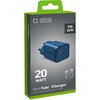 Opakowanie ładowarki sieciowej w kolorze niebieskim z logo "sbs" i oznaczeniem "PD 20W". Na opakowaniu widnieje napis "20 WATT NanoTube™ Charger For iPhone, Smartphone & Tablet", a także ikony wskazujące na czas ładowania: "45° CHARGE" i "90° CHARGE".