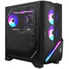 Czarny komputer stacjonarny z przezroczystym panelem bocznym, przez który widać podświetlone wentylatory i komponenty. Na obudowie widoczne są napisy: "GEFORCE RTX", "msi", "INFINITE", "MPG", oraz logo producenta.