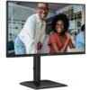 Monitor AOC 24E4U o przekątnej 23,8 cala wyświetla obraz w rozdzielczości 1920x1080 z częstotliwością odświeżania 120Hz i czasem reakcji 4 ms [GTG]. Na ekranie widoczne są dwie osoby w jasnym pomieszczeniu, a na ramce monitora znajduje się logo AOC.