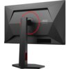 Monitor o nowoczesnym designie z czarną obudową i czerwonymi akcentami, widoczny od tyłu z logo "AOC GAMING". Monitor jest zamontowany na solidnej podstawie, a na obudowie znajduje się okrągły wzór w kolorze czerwonym.