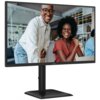 Monitor AOC 27E4U o przekątnej 27 cali, rozdzielczości 1920x1080 pikseli, z matrycą IPS, częstotliwością odświeżania 120 Hz i czasem reakcji 4 ms [GTG], wyświetla obraz przedstawiający dwie osoby w jasnym wnętrzu. Na dolnej ramce monitora widoczne jest lo