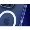 Przezroczyste etui na telefon z widocznym logo w kształcie nadgryzionego jabłka oraz białym okręgiem wokół niego. Tło jest ciemnoniebieskie z delikatnym wzorem falistych linii.
