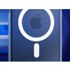 Przezroczyste etui na telefon z widocznym logo w kształcie nadgryzionego jabłka, otoczone białym okręgiem i pionowym paskiem poniżej. Tło jest w odcieniach niebieskiego z delikatnymi, falistymi wzorami.