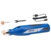 Niebieskie narzędzie wielofunkcyjne z napisem "DREMEL 7350-PET" oraz logo, obok którego znajdują się akcesoria: kamień szlifierski, klucz i kabel USB. Produkt jest przeznaczony do pielęgnacji zwierząt.