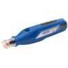 Niebieskie narzędzie wielofunkcyjne z przezroczystą końcówką, na którym widnieje napis "DREMEL 7350-PET" oraz sylwetka zwierzęcia. Na górze urządzenia znajduje się przycisk oraz logo "DREMEL".
