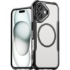 Na zdjęciu widoczne jest czarne etui na telefon z wyraźnym okręgiem na tylnej części, obok którego znajduje się smartfon z wyświetlaczem pokazującym abstrakcyjny wzór. Etui ma teksturę przypominającą włókno węglowe i wycięcia na aparat oraz przyciski.