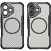 Czarne etui na telefon z szarym, teksturowanym wzorem i okrągłym oznaczeniem MagSafe, widoczne z przodu i z tyłu. Etui ma wycięcia na aparat i przyciski.