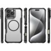 Na zdjęciu widoczne jest czarne etui na telefon z serii HURTEL Leading Series MagSafe, przeznaczone do Apple iPhone 16 Pro, z wyraźnym okrągłym wzorem na tylnej części. Etui ma teksturę przypominającą włókno węglowe i wycięcia na aparat oraz przyciski.