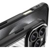 Czarne etui na telefon z widocznymi wycięciami na przyciski i aparat, posiada teksturę przypominającą włókno węglowe wokół obiektywów. Etui jest dopasowane do kształtu telefonu, z wyraźnie zaznaczonymi miejscami na obiektywy i lampę błyskową.
