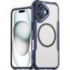 Etui HURTEL Leading Series MagSafe do Apple iPhone 16 w kolorze niebieskim, z widocznym wzorem przypominającym włókno węglowe i okrągłym oznaczeniem MagSafe na tylnej części. Obok etui znajduje się telefon z wyświetlaczem przedstawiającym abstrakcyjny wzór w odcieniach szarości i zieleni.