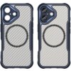 Niebieskie etui na telefon z widocznym wzorem przypominającym włókno węglowe oraz okrągłym oznaczeniem MagSafe na środku. Etui ma wycięcia na aparat i przyciski, a jego krawędzie są wzmocnione.