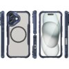 Etui w kolorze niebieskim z widocznym okręgiem na tylnej części, przeznaczone do telefonu Apple iPhone 16, prezentowane z różnych perspektyw. Na ekranie telefonu widoczny jest abstrakcyjny wzór z szarymi i białymi owalami.