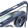 Niebieskie etui na telefon z widocznymi przyciskami i otworami na aparat oraz porty, z przezroczystym tyłem i wzorem w kratkę. Produkt jest przeznaczony do urządzeń z funkcją MagSafe.