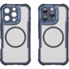 Etui HURTEL Leading Series MagSafe do Apple iPhone 16 Pro w kolorze niebieskim, z widocznym wzorem przypominającym włókno węglowe i okrągłym oznaczeniem MagSafe. Produkt przedstawiony jest z przodu i z tyłu, z wycięciami na aparat i przyciski.