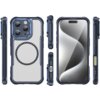 Etui w kolorze niebieskim z widocznym okręgiem na tylnej części, przeznaczone do telefonu Apple iPhone 16 Pro, z wycięciami na aparat i porty. Przód etui pokazuje ekran telefonu z abstrakcyjnym wzorem.
