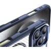Niebieskie etui na telefon z wycięciami na przyciski i aparat, posiadające wzór w kształcie okręgu na tylnej części. Wnętrze etui ma teksturę przypominającą materiał ochronny.