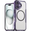 Fioletowe etui na telefon z widocznym okręgiem na tylnej części, przeznaczone do modelu Apple iPhone 16 Plus. Etui ma wycięcia na aparat i przyciski, a jego powierzchnia ma wzór przypominający włókno węglowe.
