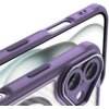 Fioletowe etui na telefon z widocznymi przyciskami i wycięciami na aparat oraz porty, z przezroczystym tyłem ukazującym wzór. Produkt jest przeznaczony do modelu Apple iPhone 16 Plus i posiada funkcję MagSafe.