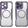 Na zdjęciu widoczne są dwa fioletowe etui z serii HURTEL Leading Series MagSafe do Apple iPhone 16 Pro, z przezroczystym tyłem i okrągłym wzorem na środku. Etui mają wycięcia na aparat i przyciski, a ich krawędzie są wzmocnione.