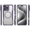 Fioletowe etui HURTEL Leading Series MagSafe do Apple iPhone 16 Pro jest widoczne z różnych perspektyw, ukazując zarówno przód, jak i tył z okrągłym wzorem na plecach. Etui ma wycięcia na aparat, przyciski i porty, a jego powierzchnia ma teksturę przypominającą włókno węglowe.